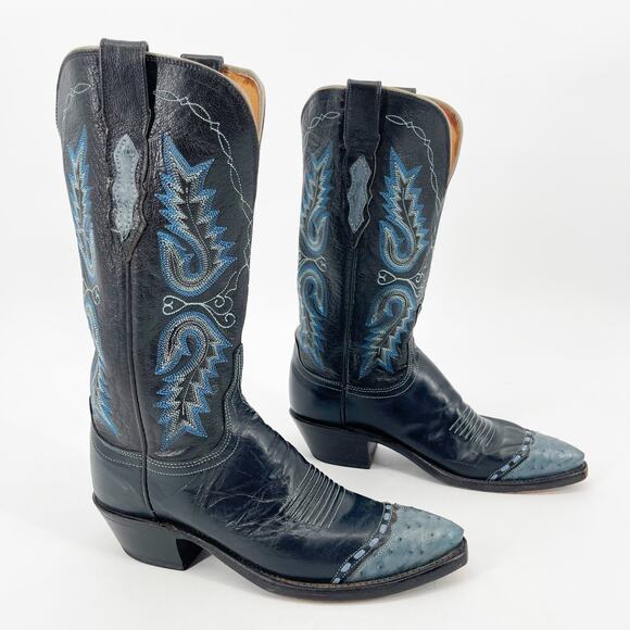 Lucchese 1883 Black Navy Blue Ostrich Cap Toe Western Cowgirl Boot size 6.5 - Picture 1 of 11